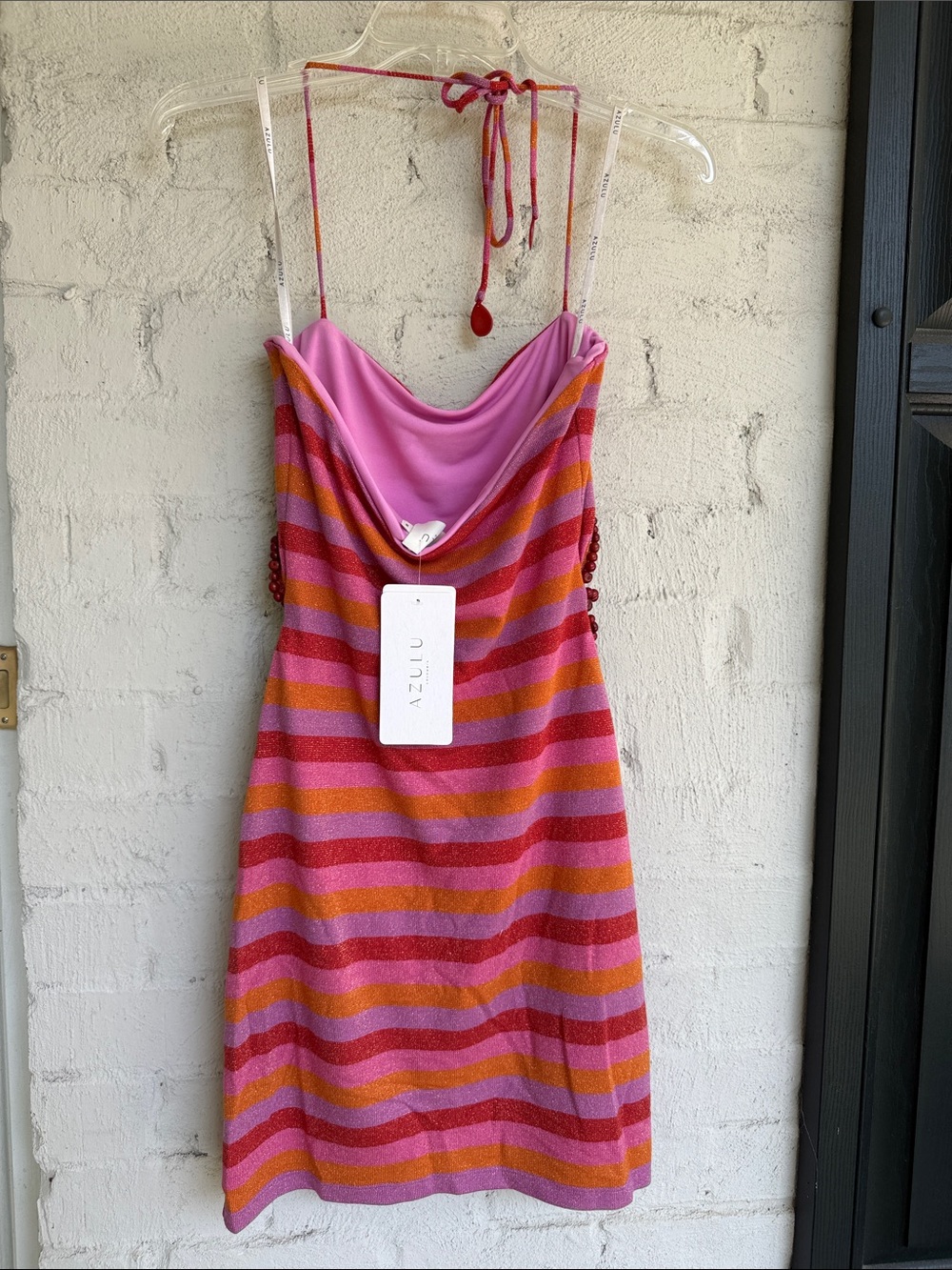 NWT Anthropologie AZULU Rozita Cutout Halter Mini Dress Raspberry Stripe Medium - Picture 8 of 14